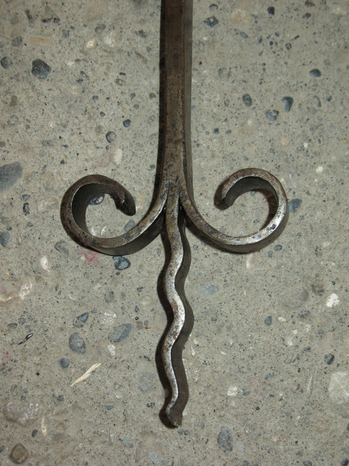 Pair of wrought-iron andirons complete with shovel, tongs and bar, 20th century