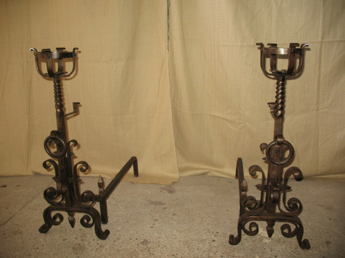Pair of wrought-iron andirons complete with shovel, tongs and bar, 20th century