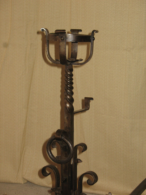 Pair of wrought-iron andirons complete with shovel, tongs and bar, 20th century