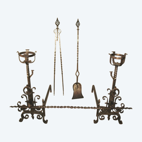 Pair of wrought-iron andirons complete with shovel, tongs and bar, 20th century