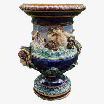 Grand Vase Balustre En Barbotine XIXème. Néréides Et Tritons. Thomas Sergent. Palissy.