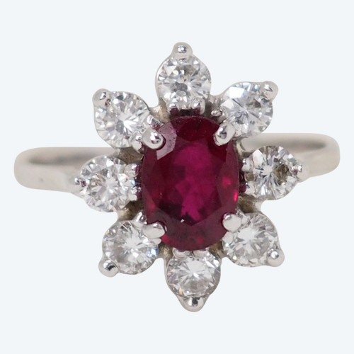 Surrounding ring in white gold, oval ruby and diamonds