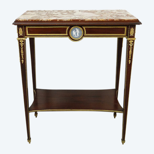 Small Louis XVI Living Room Table Mahogany Marble Gilt Bronze Wedgwood 19th