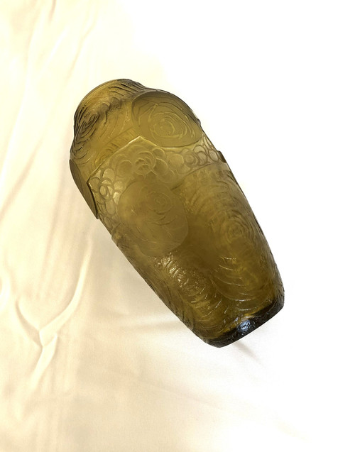 Ancien vase ART DECO en cristal gravé à l'acide signé MONTJOYE 21 cm Legras