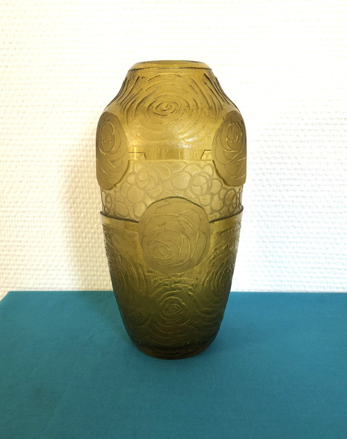 Ancien vase ART DECO en cristal gravé à l'acide signé MONTJOYE 21 cm Legras