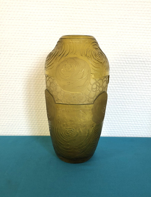 Ancien vase ART DECO en cristal gravé à l'acide signé MONTJOYE 21 cm Legras