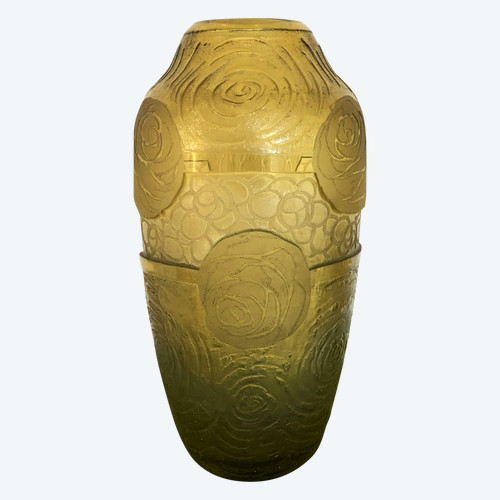 Ancien vase ART DECO en cristal gravé à l'acide signé MONTJOYE 21 cm Legras