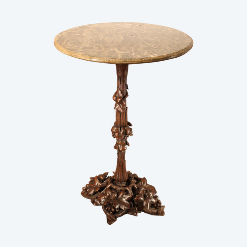 Black Forest type pedestal table Beautiful 19th century travel clock circa 1820, called a nasturtium, also serving as an alarm clock, wire movement with advance or delay adjustment, nickel-plated bronze bell with double hammer, revised movement, very good condition.
