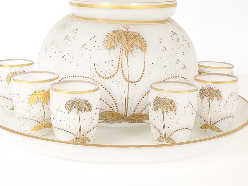 White opaline punch service with palm tree gilding 6 cups 19th century tray