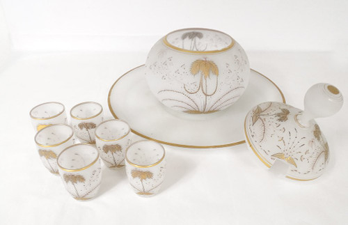 White opaline punch service with palm tree gilding 6 cups 19th century tray