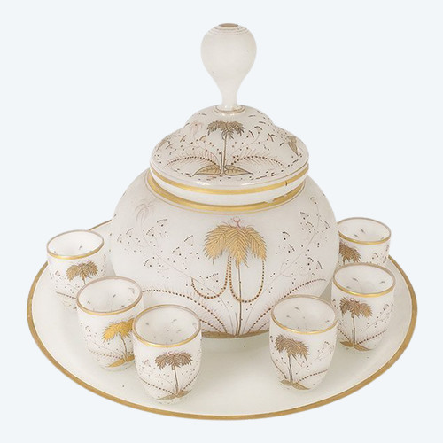 Service à punch opaline blanche dorure palmiers 6 tasses plateau XIXème