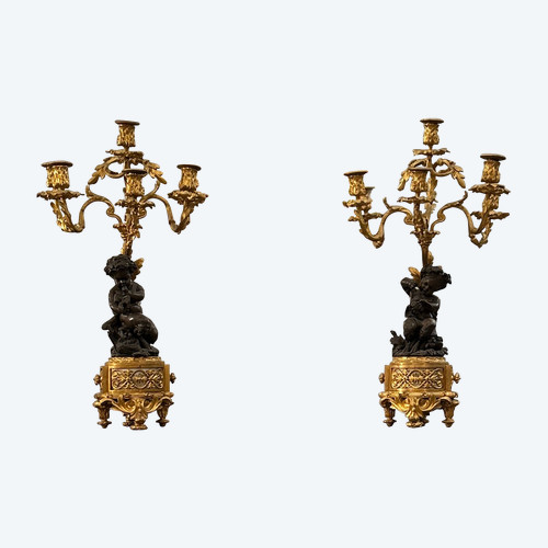 Henri Picard, Exceptional Pair of Putti Bronze Candelabra Signed 19th Century