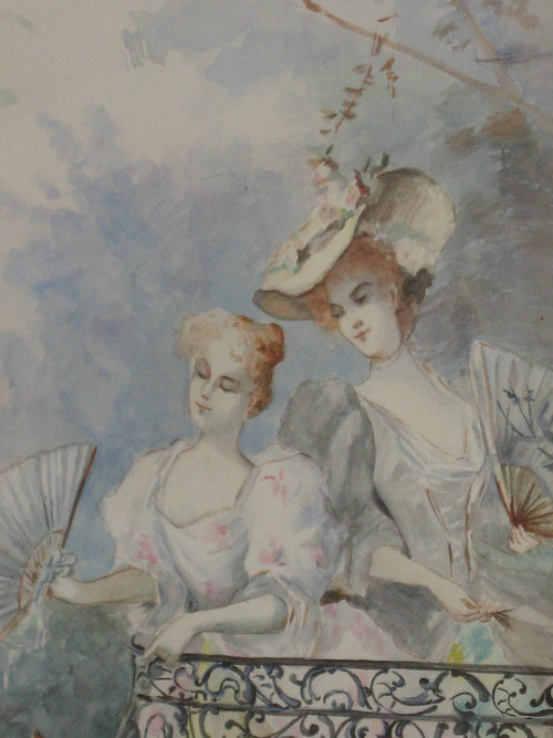 Piccolo paravento a 3 ante con scene di genere acquarello in stile Luigi XV, XX secolo