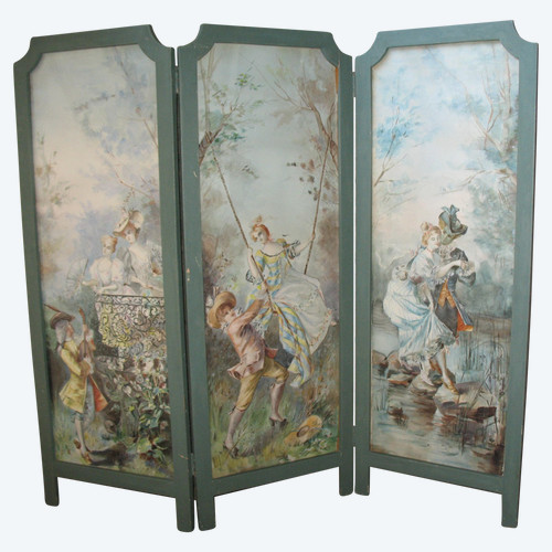 Piccolo paravento a 3 ante con scene di genere acquarello in stile Luigi XV, XX secolo