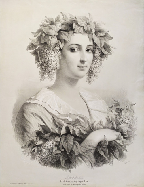 Lithography By Julien The Month Of May Lady Portrait 19th c Old Print