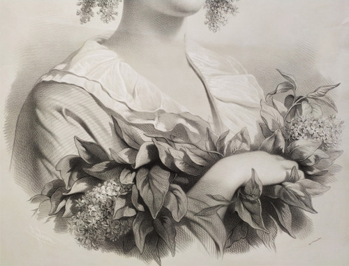 Lithography By Julien The Month Of May Lady Portrait 19th c Old Print