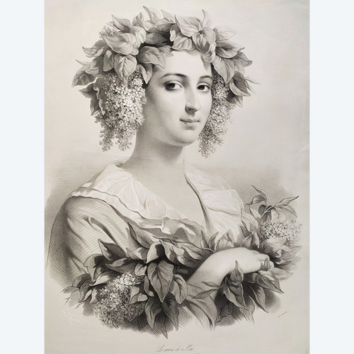 Lithography By Julien The Month Of May Lady Portrait 19th c Old Print