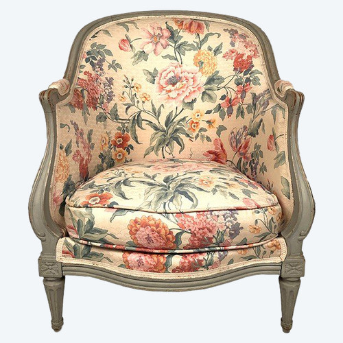 Transitional style gondola bergère in gray lacquered wood