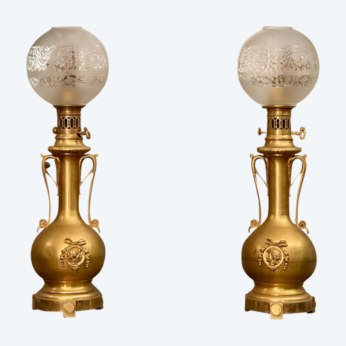 Pair Of Gilt Bronze Lamps Napoleon III Period 19th Century