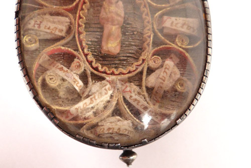 Reliquary Double Medallion 4 Faces Silver Saints Paperolle Virgin XVIIIth century