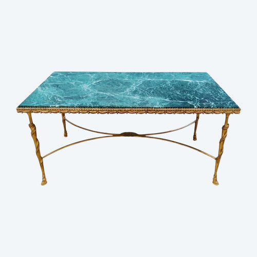 Maison JANSEN Table basse en bronze et laiton doré, marbre vert d'eau & pieds sabots