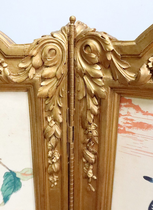 Paravent en Soie et Bois Doré, style Louis XV et décors Asiatiques – 2ème partie XIXe