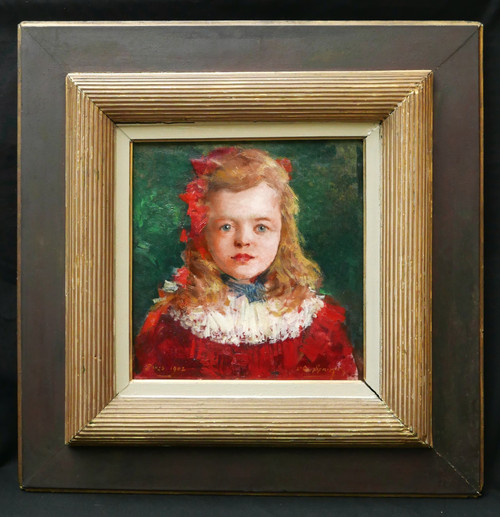 Louis-Charles SPRIET, Porträt eines kleinen Mädchens in einem roten Kleid