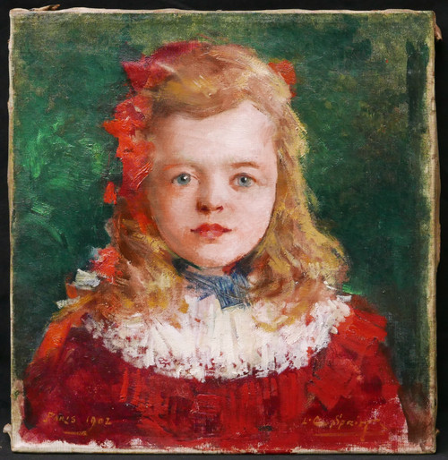 Louis-Charles SPRIET, Porträt eines kleinen Mädchens in einem roten Kleid