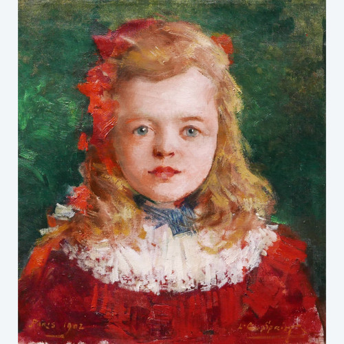 Louis-Charles SPRIET, Porträt eines kleinen Mädchens in einem roten Kleid