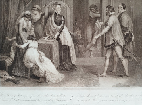 Mary Stuart Queen Of Scots Receiving Her Death Sentence 18th Century Engraving Etching Old Prin