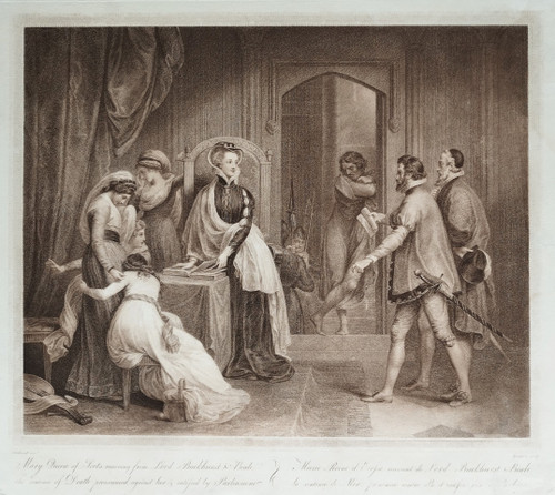 Mary Stuart Queen Of Scots Receiving Her Death Sentence 18th Century Engraving Etching Old Prin