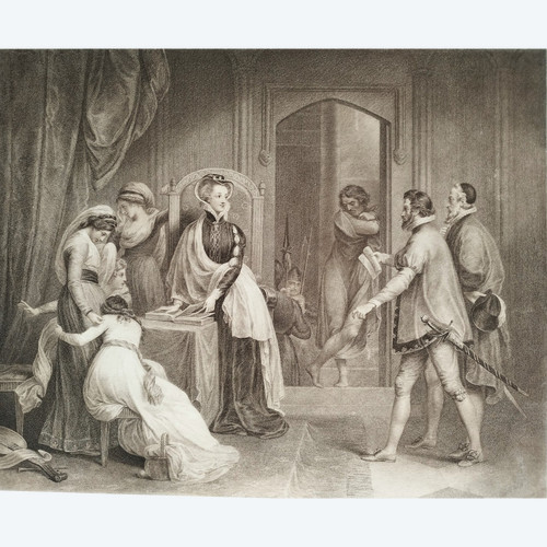 Mary Stuart Queen Of Scots Receiving Her Death Sentence 18th Century Engraving Etching Old Prin