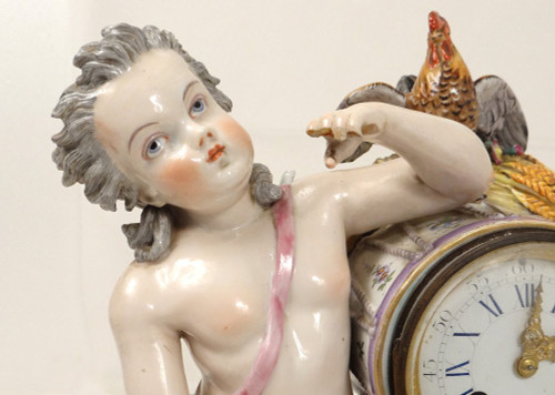 Porcelain Clock Angelot Putti Allegory Music Drum Rooster 19th