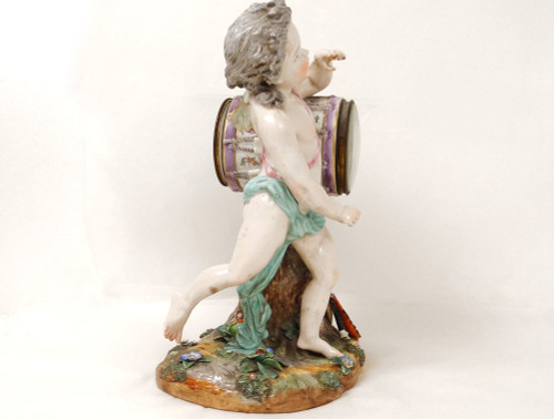 Porcelain Clock Angelot Putti Allegory Music Drum Rooster 19th