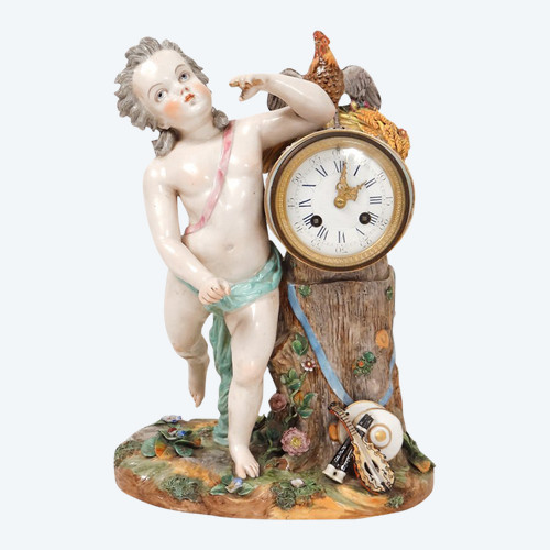 Porcelain Clock Angelot Putti Allegory Music Drum Rooster 19th