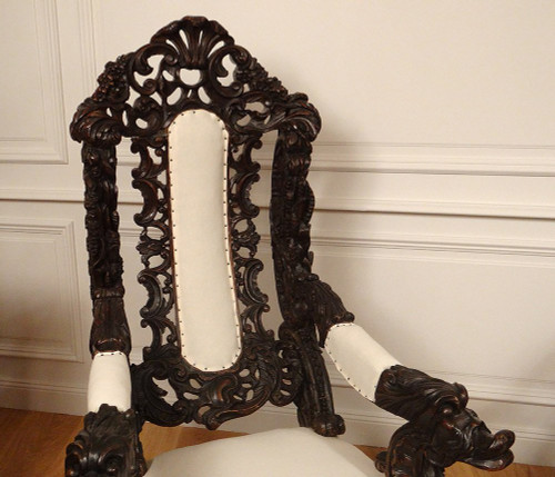 Pair of Large Carved Wood Armchairs Italy Venice Baroque Grape Vine 19th
