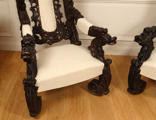 Pair of Large Carved Wood Armchairs Italy Venice Baroque Grape Vine 19th