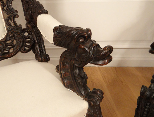Pair of Large Carved Wood Armchairs Italy Venice Baroque Grape Vine 19th