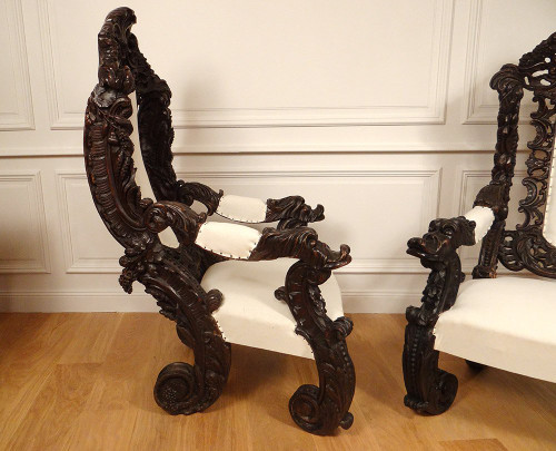 Pair of Large Carved Wood Armchairs Italy Venice Baroque Grape Vine 19th