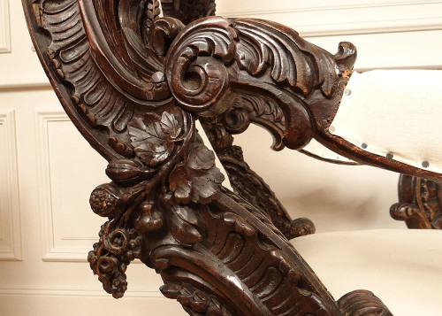 Pair of Large Carved Wood Armchairs Italy Venice Baroque Grape Vine 19th