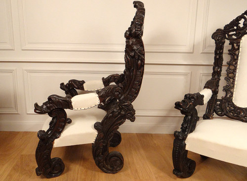 Pair of Large Carved Wood Armchairs Italy Venice Baroque Grape Vine 19th