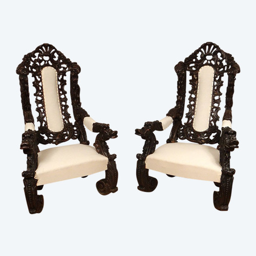 Pair of Large Carved Wood Armchairs Italy Venice Baroque Grape Vine 19th