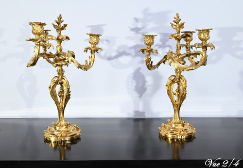 Coppia di candelabri in bronzo dorato, stile Luigi XV – Fine XIX secolo