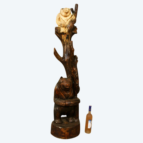 Scultura in legno di 2 orsi su un tronco in stile Brienz