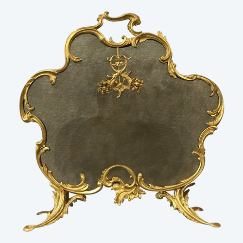 Pare feu écran de cheminée ancien en bonze doré d'époque 19 ème de style Louis XV 