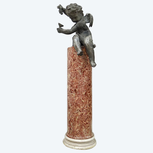 Sculpture cherub putto lead fountain scagliola column Louis XIV XVIIth