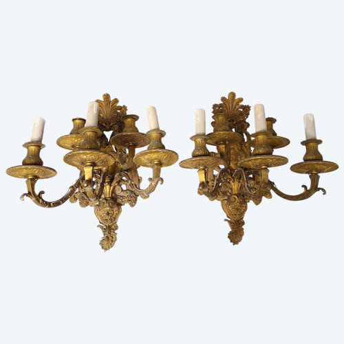 Pair of Large 5-light Regency Wall Lights Gilded Bronze Masks 19th century