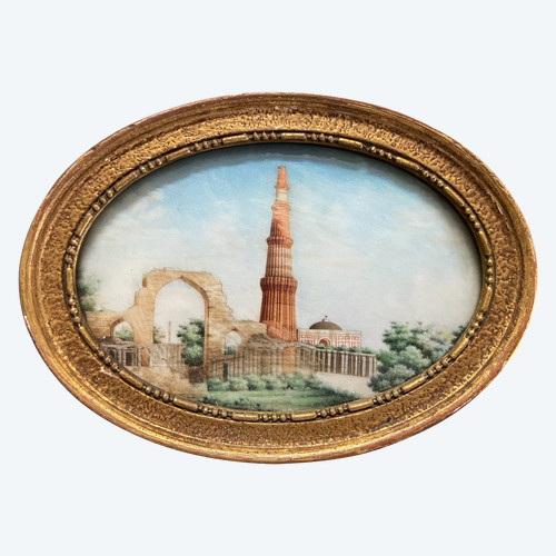 Miniature - View of the Qutb Minar Delhi in India Late 19th century