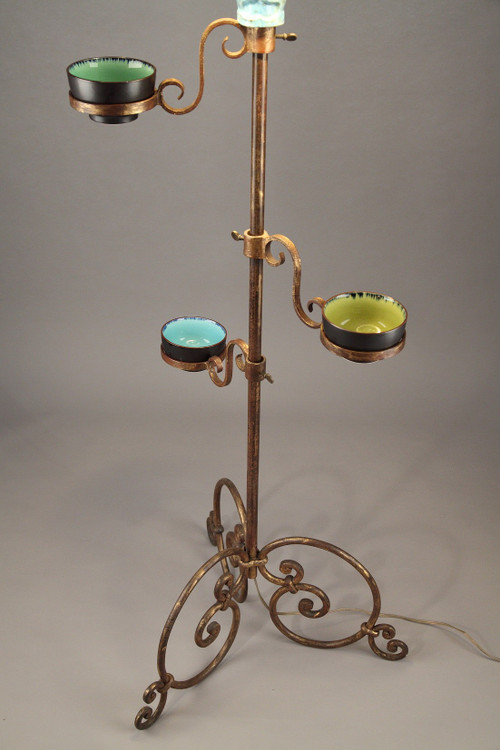 Tripod lampstand with blue ceramic figure