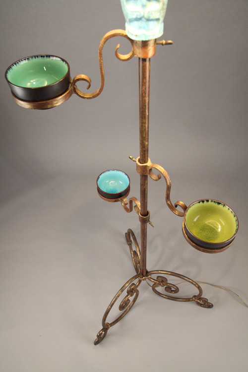 Tripod lampstand with blue ceramic figure